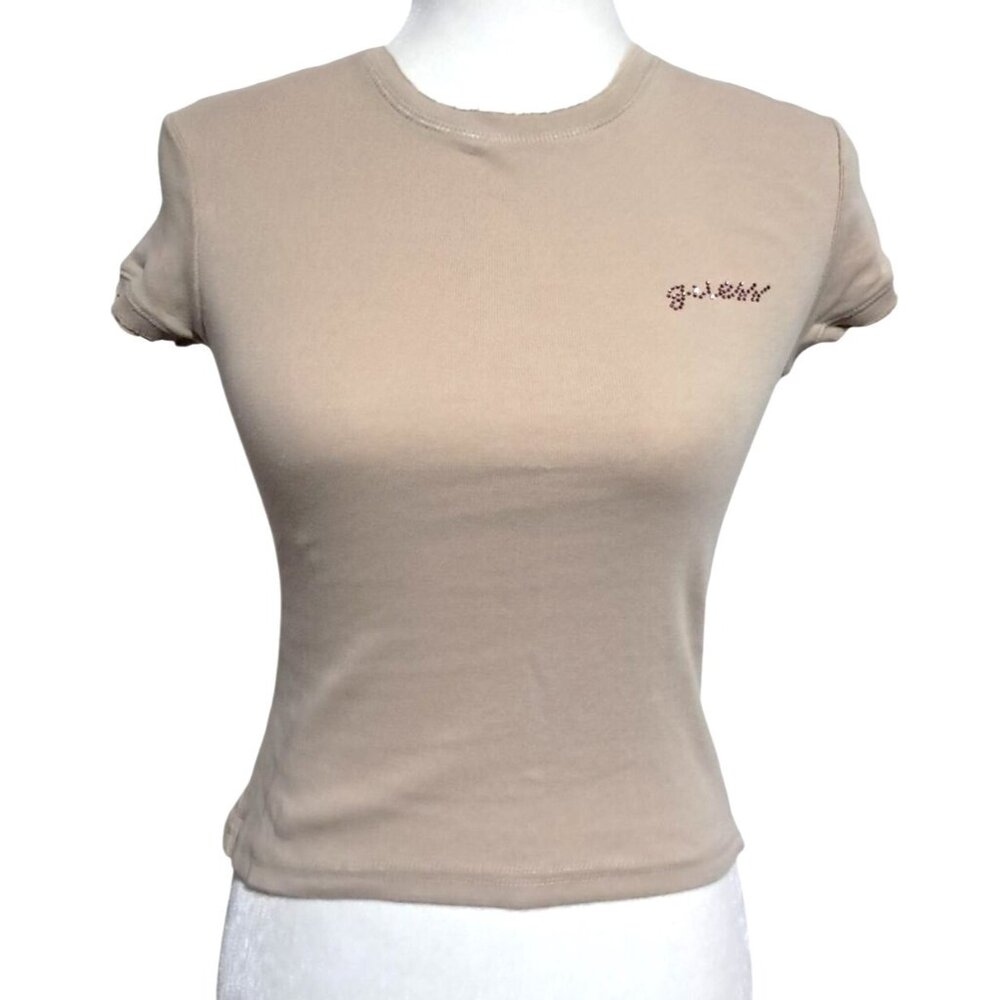 Y2K Guess Jeans Beige Fitted Short Sleeve Baby Tee Rhinestone Logo‎ Size S/P